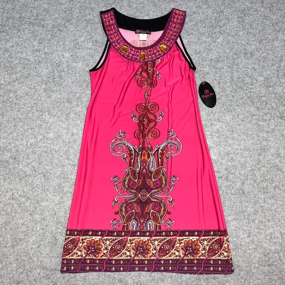 Volume One Fuchsia Pink Paisley Embellished Jeweled Sleeveless Dress XL NWT